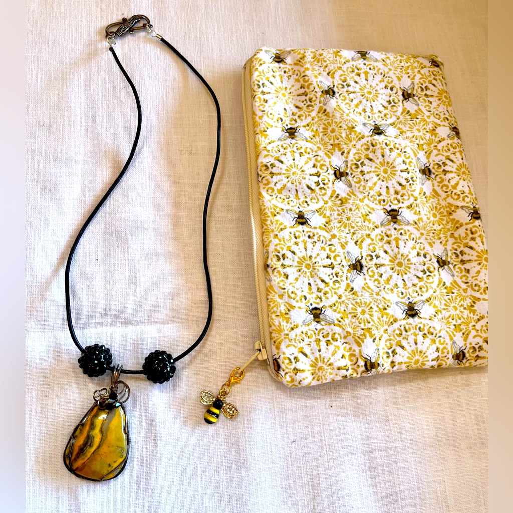 Bumblebee Jasper Sterling Wire Wrapped Pendant On Leather Cord Zippered Bee Bag